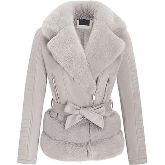 Women's Faux Suede Leather Moto Jacket – Sherpa-Lined Biker Coat - Picture 3 of 7